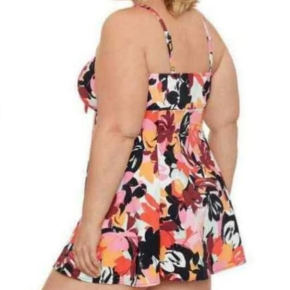 Swim‎ Solutions Floral Botanical Beauty Bow Front Swimdress Black Multicolor 24W - Picture 4 of 14